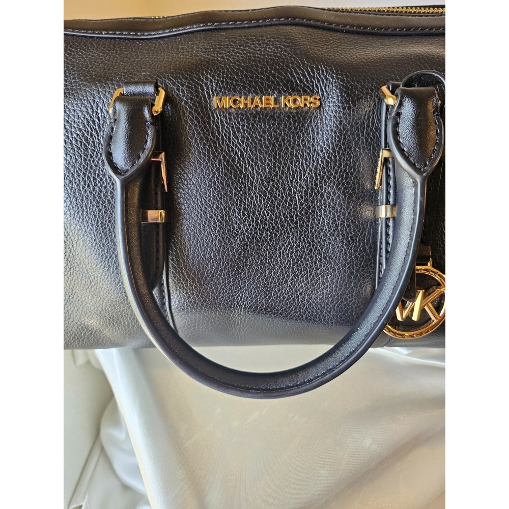 Michael Kors Medium Bedford Black/Gold Pebbled Leather Duffle Satchel Crossbody - Picture 12 of 16